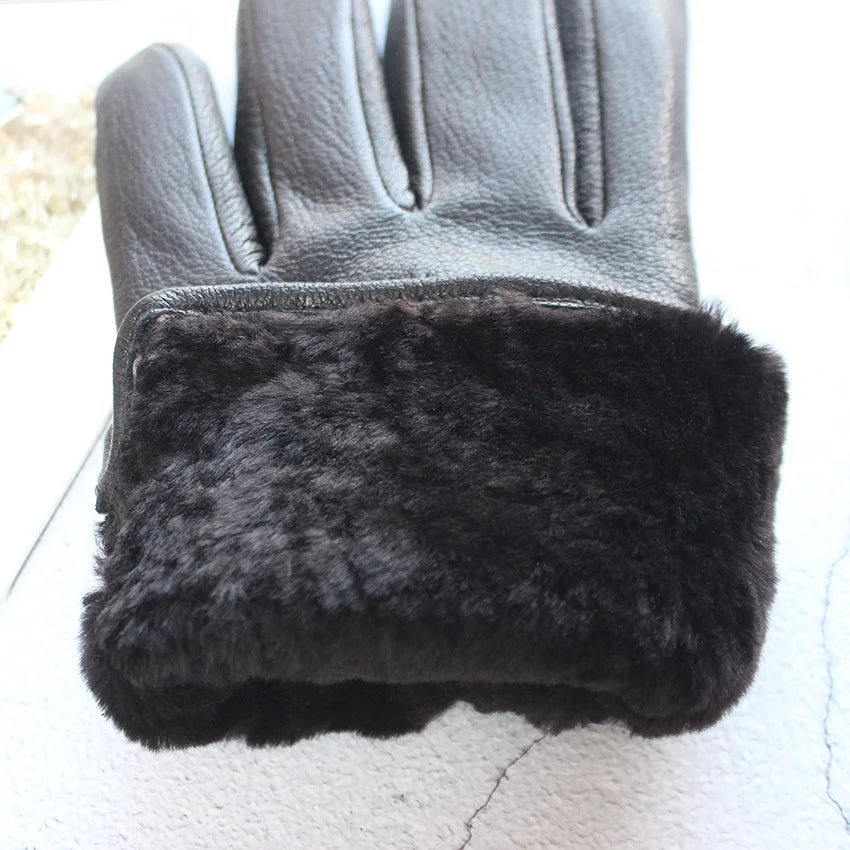 Winter Thick Sheepskin Fur Lining Warm Goatskin Gloves Men's Deerskin Pattern Leather Sheep Shearing Cold-Proof Finger Gloves