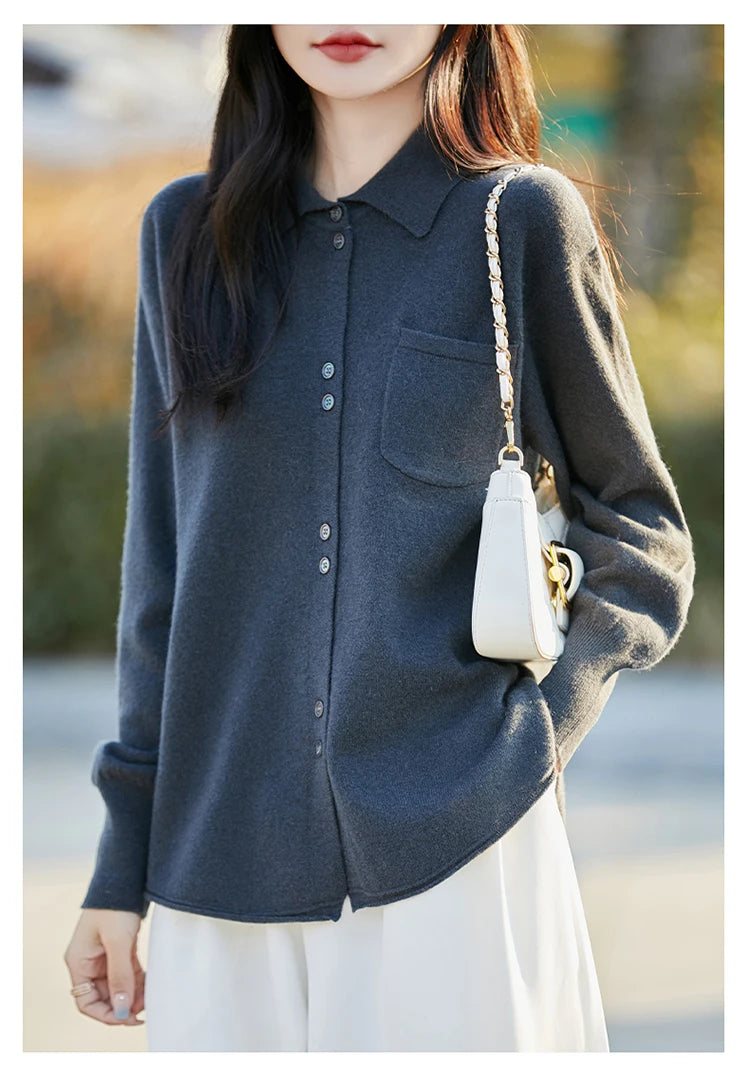 POLO Collar Wool Sweater 100 Pure Wool Spring And Autumn New Knitted Women Loose And Slimming Cardigan ZA682
