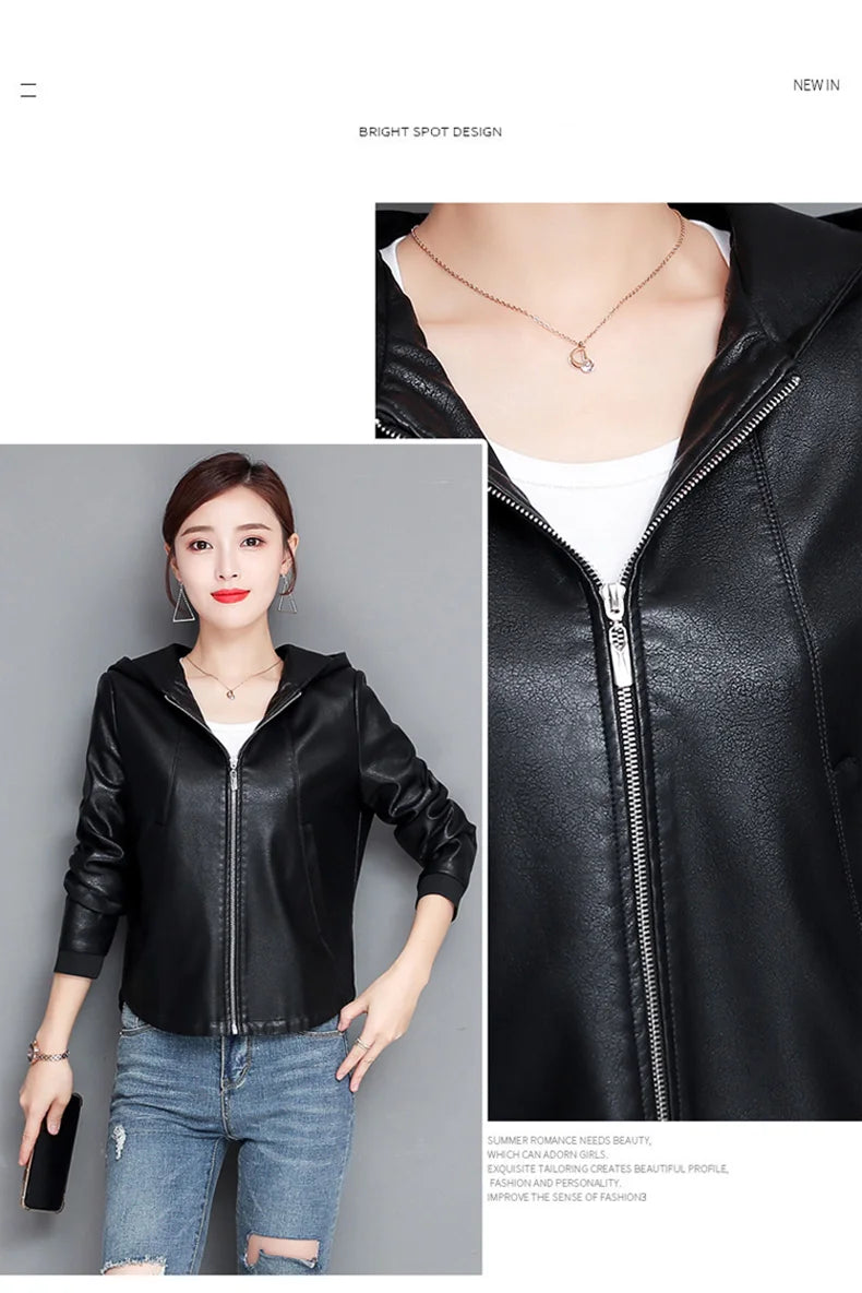 New Women Casual Leather Jacket Spring Autumn Fashion Hooded Zipper Split Leather Loose Outerwear Short Sheepskin Tops Coat