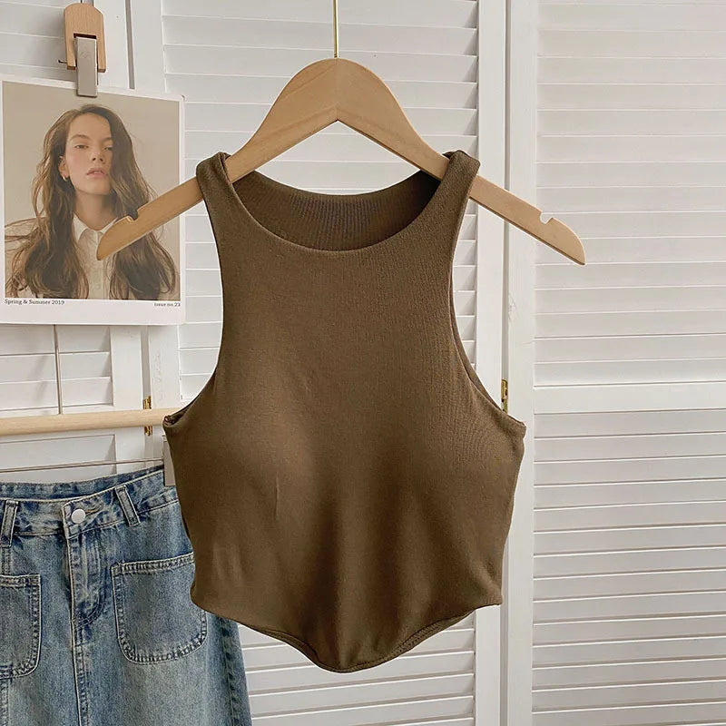 Summer Women Tank Tops Solid Color Camisole with padded Bra sexy Off Shoulder O Neck Elastic Tank Top Casual Sport Vest