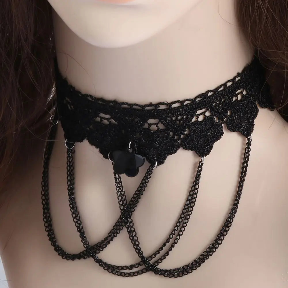 Sexy Neck Chain Steampunk Style Collar Chocker Gemstone Pendant Black Lace Gothic Necklace
