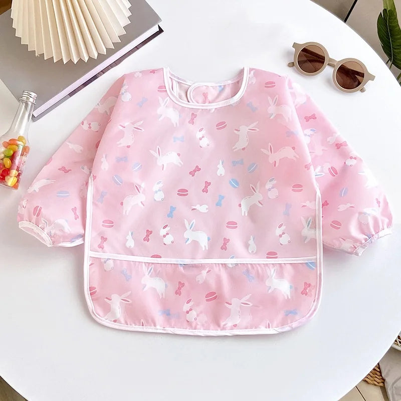 Baby's Soft Bib Kid Cute Cartoon Long Sleeves Adjustable Feeding Cloth For Boys Girls Painting Smock Toddlers Meal Eating Apron