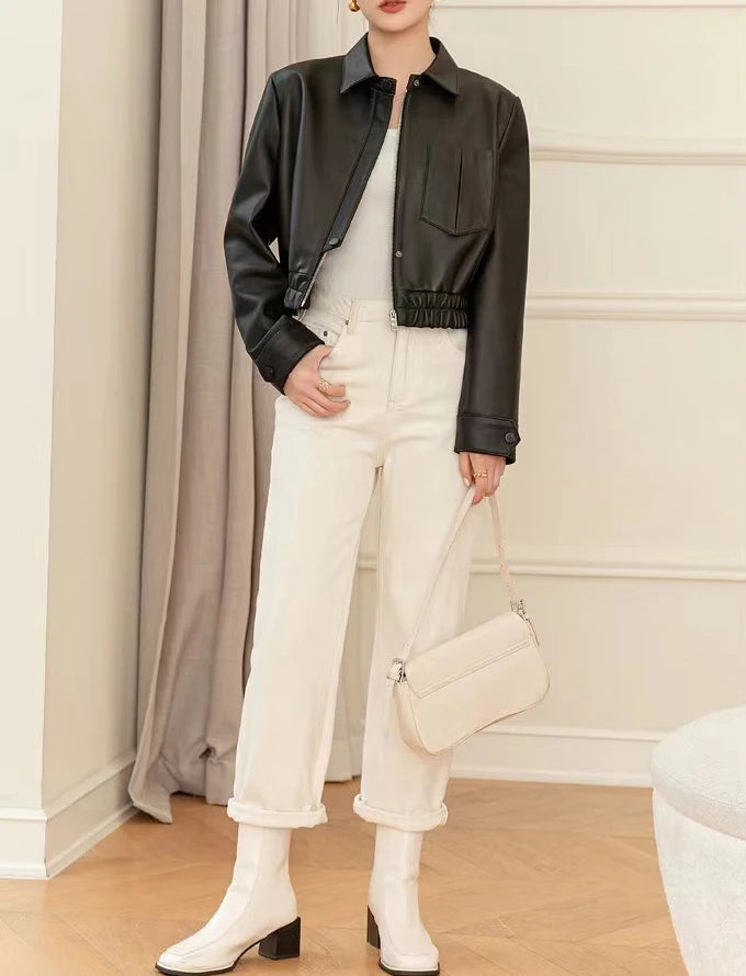 European 2025 New Fashion Short Leather Jacket For Women Casual Elastic Band Waist Top Clothing Mujer Varsity Claret Veste