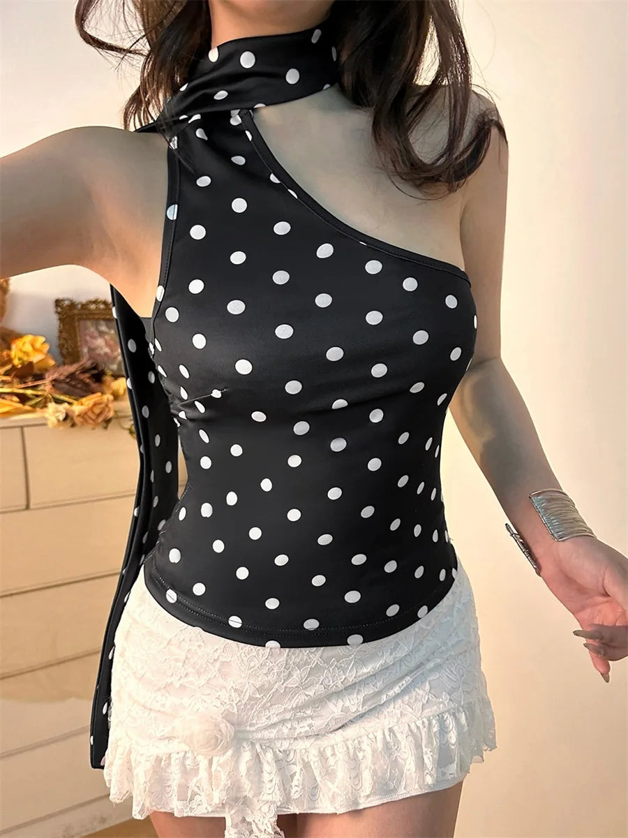 Women s Summer One Shoulder Tank Tops Sleeveless Open Back Halter Neck Dot Print Vest