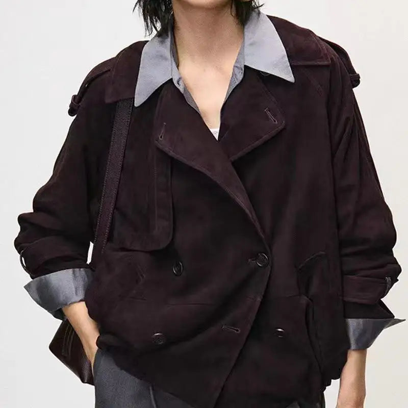 Kid Suede Leather Jacket for Women Branded New 2025 Old Money Double Breasted Short  Jacket Femme Big Lapel Epaulet Trench Coat