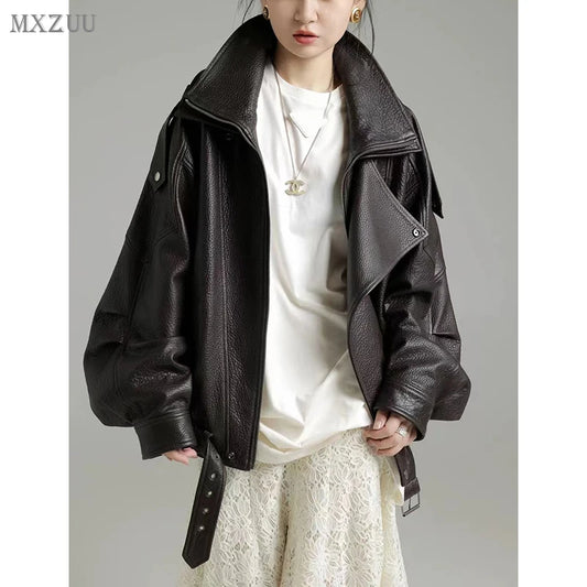 New Outerwear Leather Jacket Women American Retro Top Sheepskin Bubble Leather Double Lapel Loose Profile Coffee Locomotive Coat