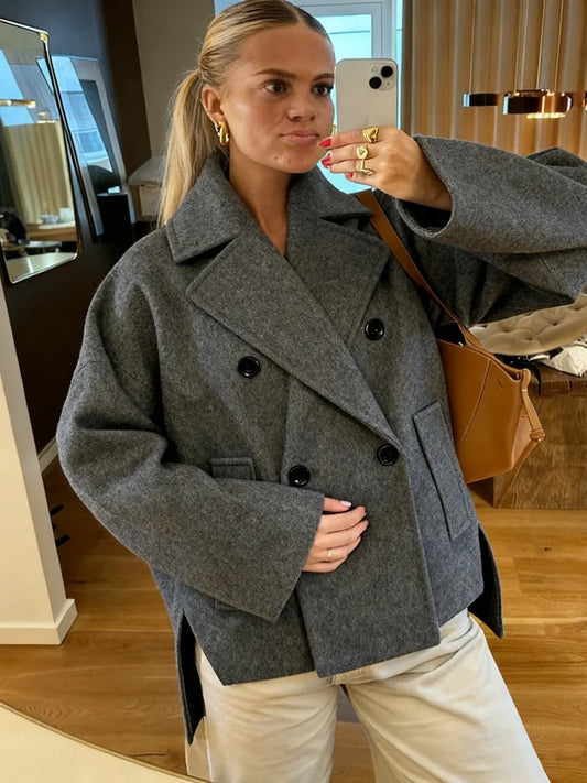 Woman Grey Suit Woolen Coat Collar V-neck Single Breasted Pocket Jacket 2025 Lady Autumn Casual Fashion Commuter Streetwear