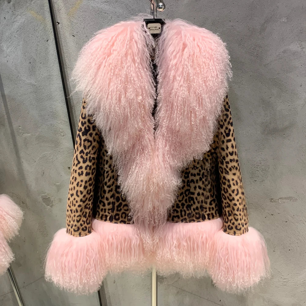 Sheep Collar Coats Women Winter Luxury Mongolian Fur Leather Jackets with Long Sleeve 7251
