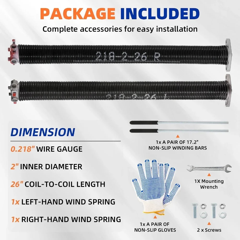 2Pcs Heavy Duty Garage Door Steel Spring Rolling Garage Gate Door Accessories Torsion Spring with Non-Slip Winding Bar