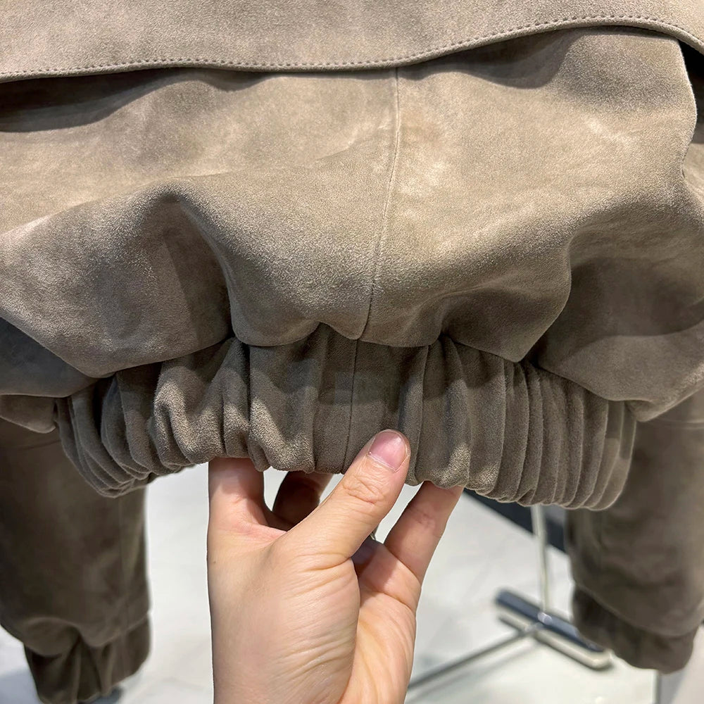 YOLOAgain Suede Leather Jacket Coat Women Real Leather Cropped Jacket Bomber Jacket 2025 Autumn