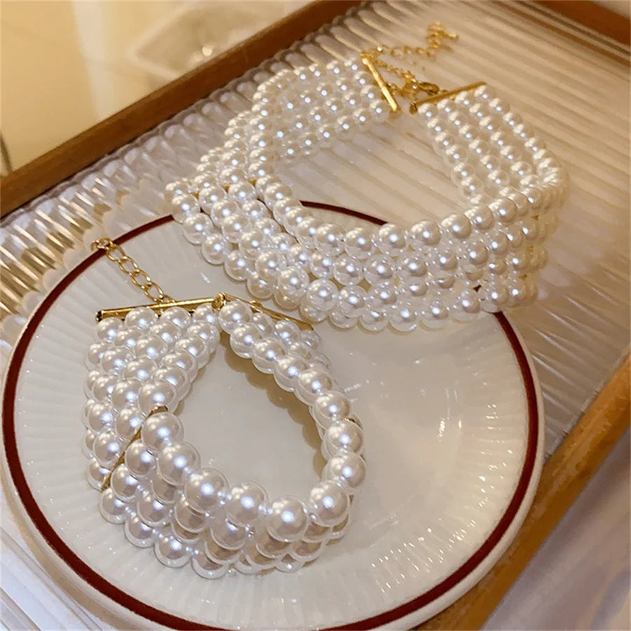 Pearl Necklace Bacelet Sets Geometric Necklace Women Solid Color Fashion Weddings Bride Jewelry Accessories