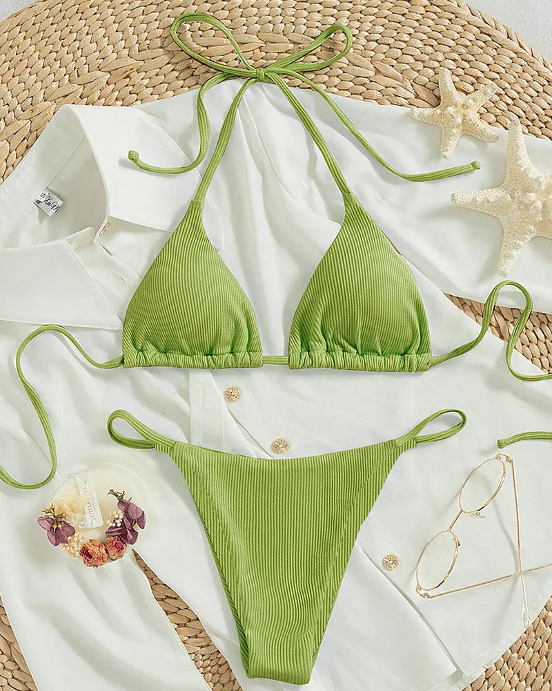 Bathing Suit Women Sexy Solid Halter Swimsuit Special Stripe Fabric Bikini Set Drawstring Lace Up Two-piece Split Beach Biquini