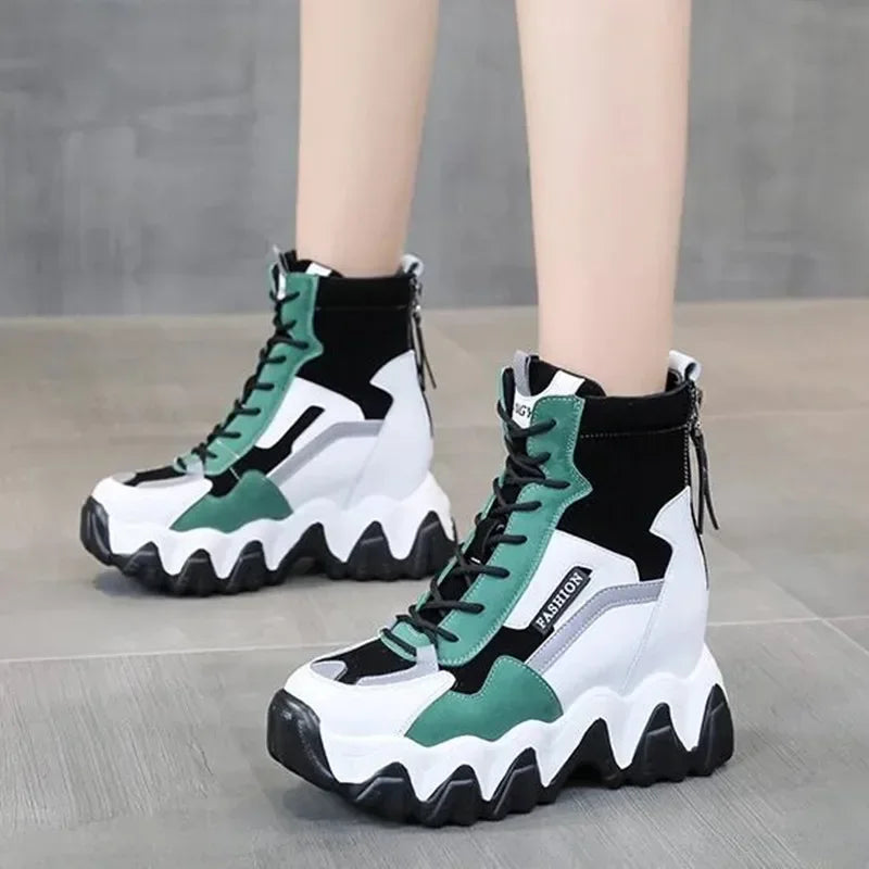 2025 Women Thick Sole Ankle Boots Autumn Luxury Platform Casual Boots Women's 8cm High Heels Wedge Boots Shoes Woman Sneakers