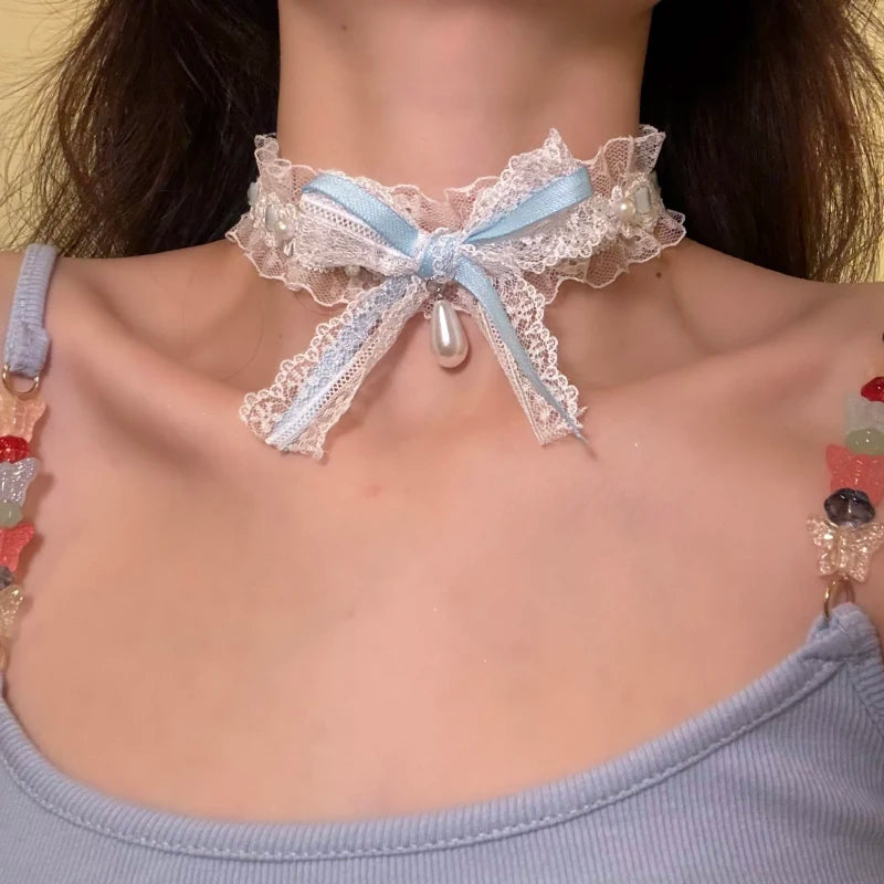 1 Piece Sweet Sexy Schoolgirl Necklace INS Aesthetic Lace Bow Delicate Clavicle Chain for Women White Black Color Gothic Choker