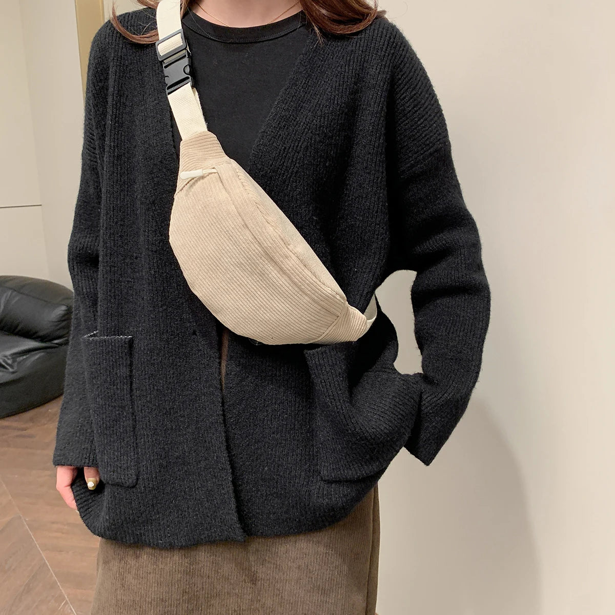 Casual Corduroy Belt Bags for Women Fashion Fanny Pack Female Banana Waist Bag Hip Purse Shoulder Crossbody Chest Bag Pocket