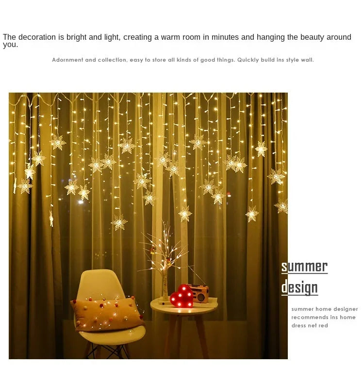 3.2M Christmas Snowflake Curtain Lights - LED Flashing Fairy String Lights, Waterproof for Holiday Party Wedding Xmas Tree Decor