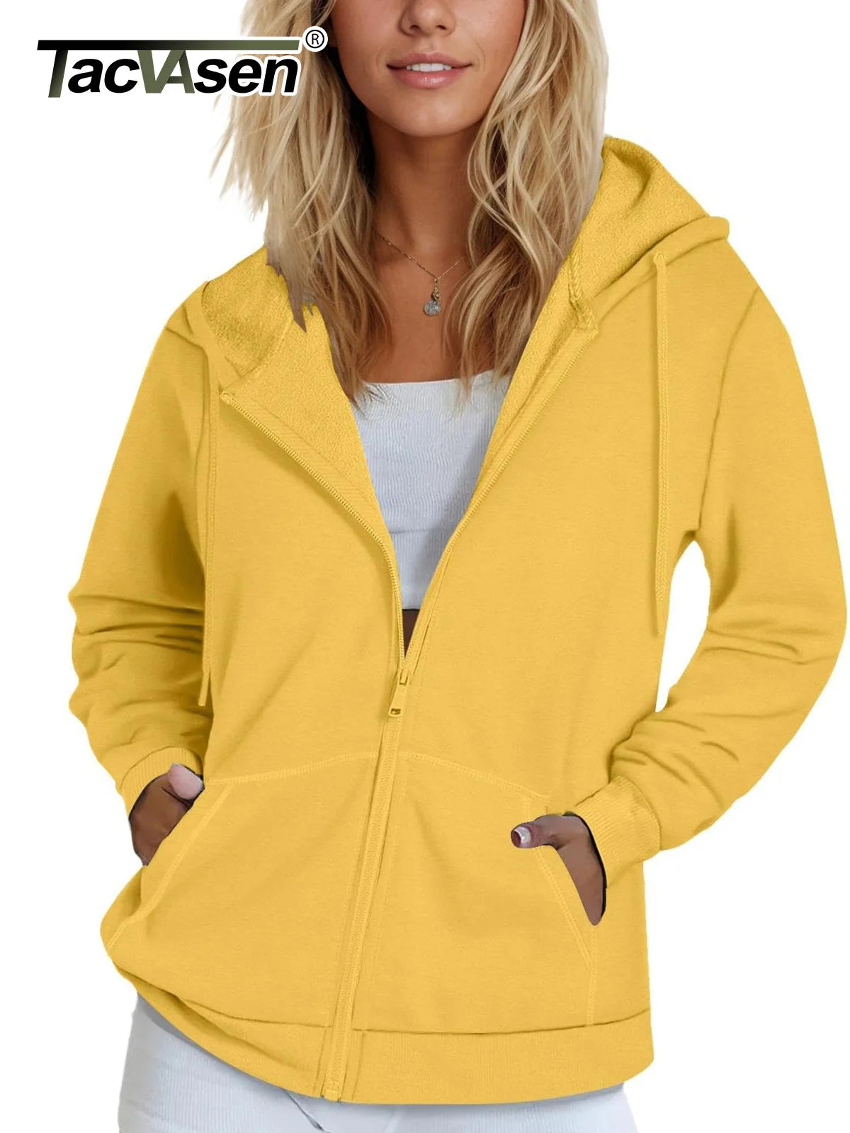 TACVASEN Spring Fleece Lining Sweatshirts Jacket Womens French Long Hoodies Full Zip Up Jacket Casual Streetwear Outdoor Coats