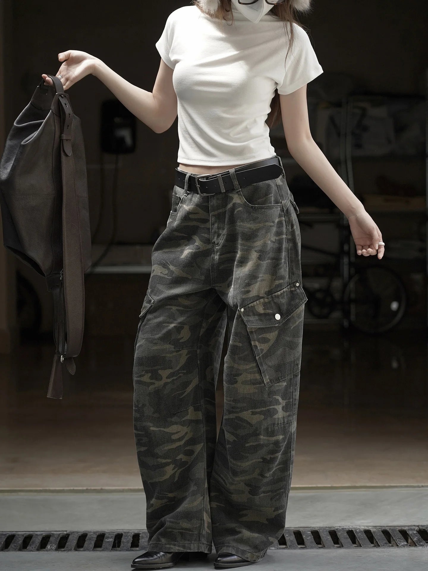 Retro and trendy waistband, workwear, large pocket, casual pants, three-dimensional and stylish pants for women