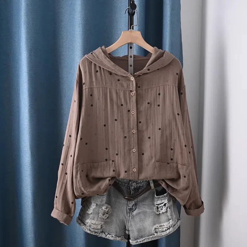 2025 Middle-aged women's clothing 100% cotton yarn hoodies polka dot print shirts long sleeve blouses for women hooded tops