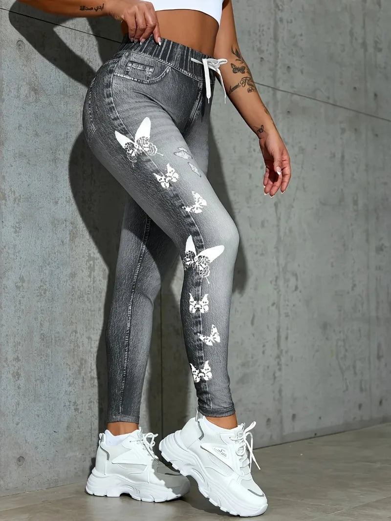 Pants Women Faux Denim Printed High Waist Leggings Casual Skinny Stretch Imitation Jeans Sweatpants Clothes Y2k Pants Joggers