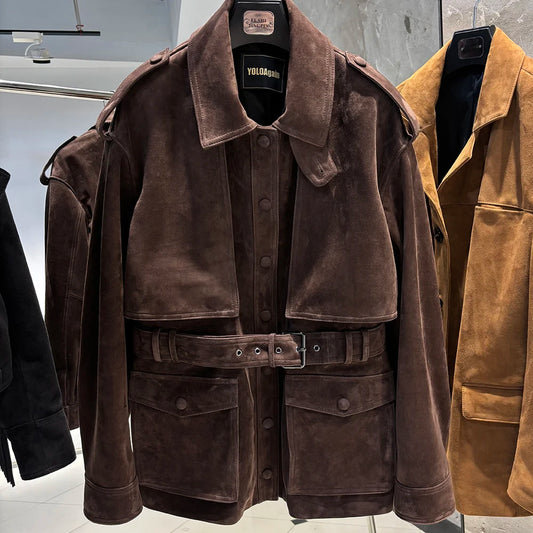 YOLOAgain Real Leather Suede Jacket Women Dark Brown Single Breasted Leather Coat With Belt