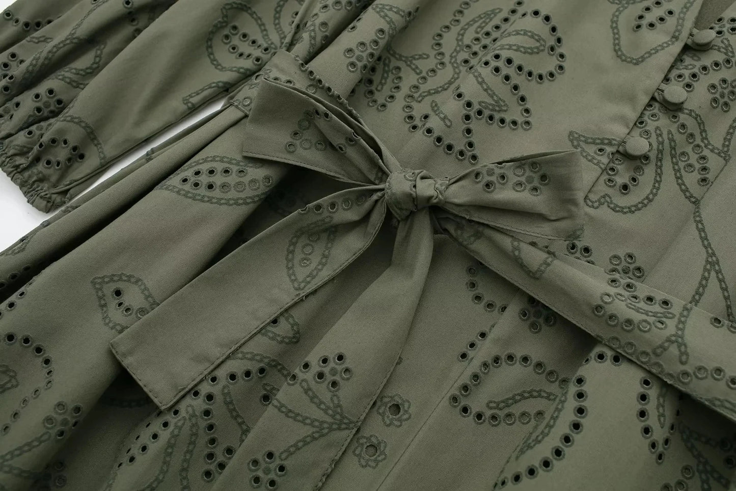 HH Spring Women's Vintage Solid Shirt Dress Puff Sleeve Short Dress V-Neck Female Hollow Embroidery Casual Belt Dresses