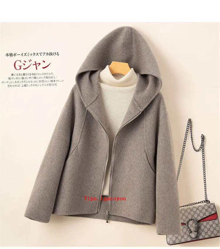 Elegant Woolen Coat Woman 2025 Winter New Fashion Pink Hooded Short Zipper Double-Sided Wool Jacket Ladies Slim Outerwear B810
