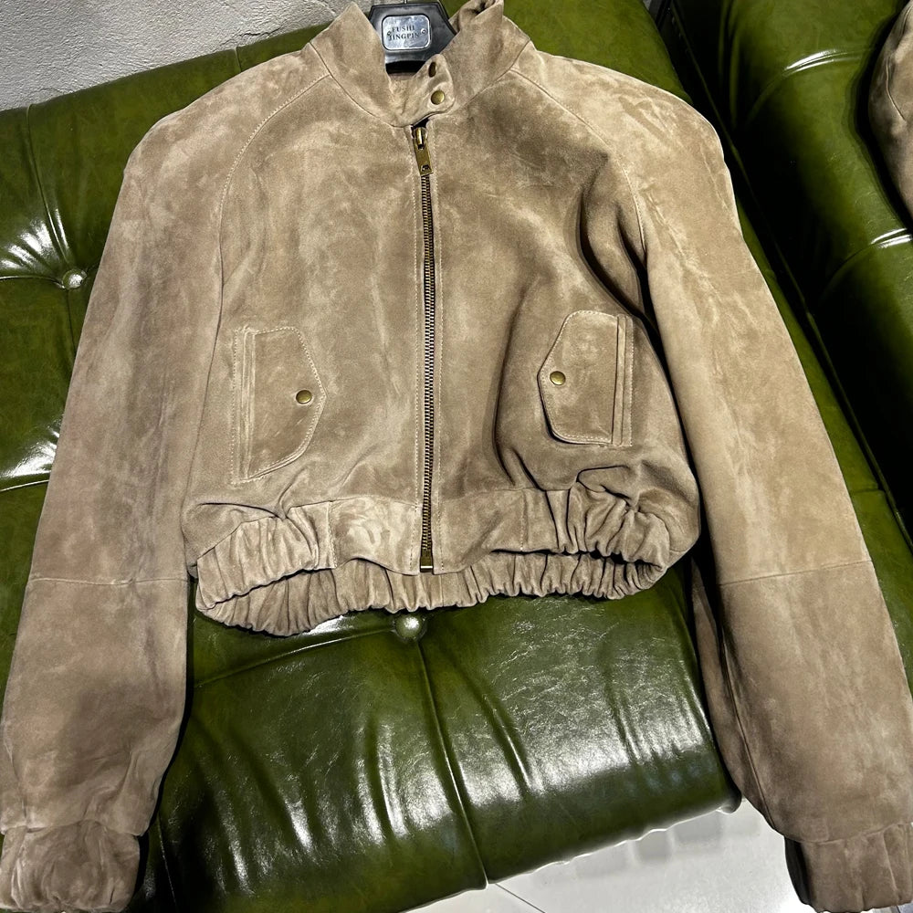 Cropped Suede Brown Women Jacket Drop-shoulder Real Leather Jackets 2025 New Outerwear