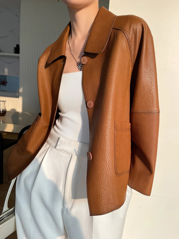 High-end Simple Natural Sheepskin Coats for Women 2025 New Trend Casual Single-breasted Lychee Texture Genuine Leather Jacket