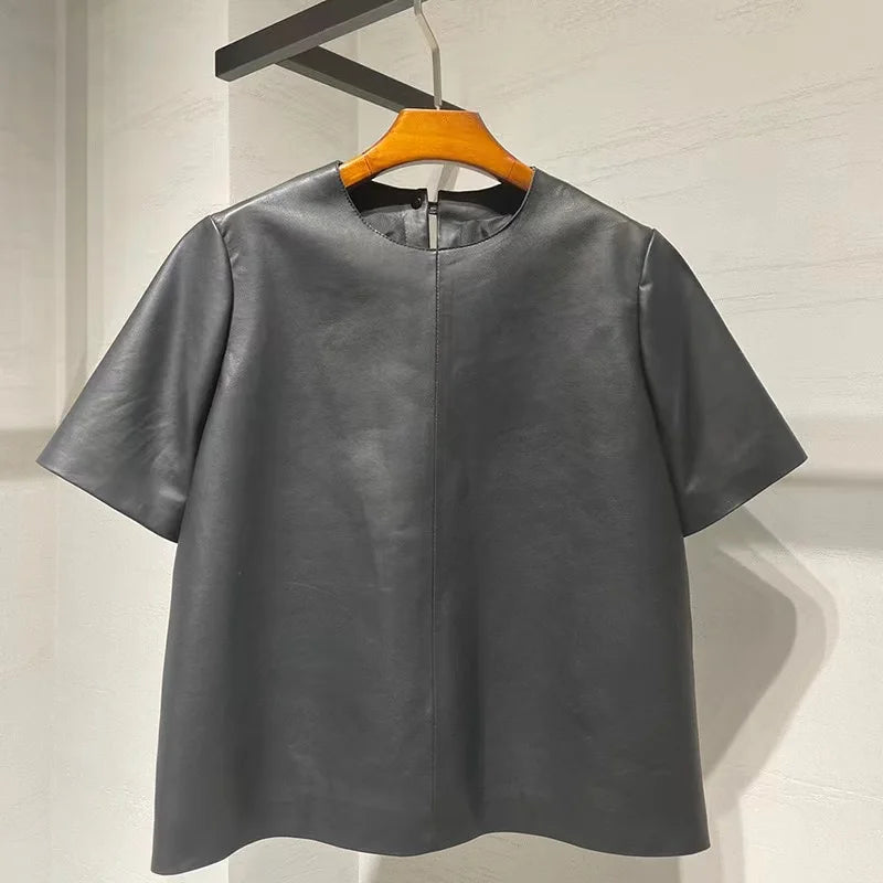 Genuine Leather Tops for Women 2025 Spring/Summer Short Straight Sleeve Round Neck Pullover Shirts & Blouses Thin Suede Blusas