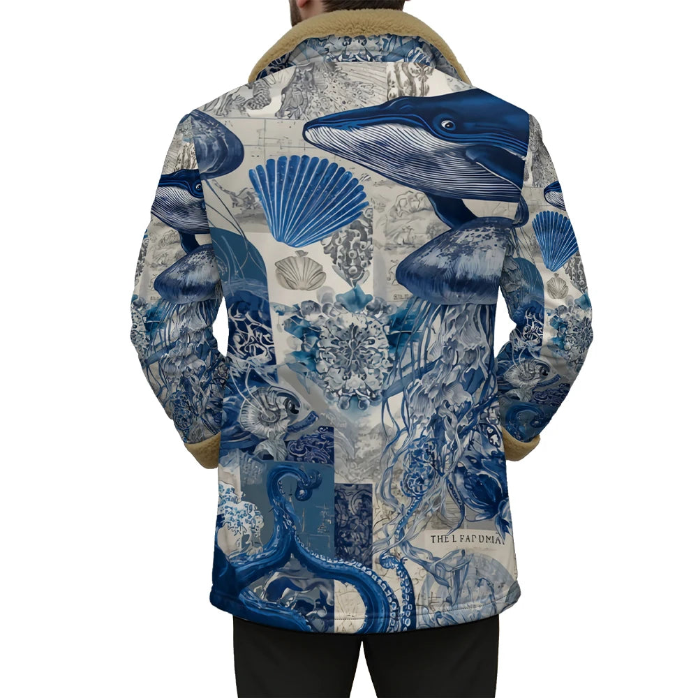 Winter Aesthetic Jacket Marine Life Print Long Coats Whale Turtle Jellyfish Pattern Faux Fur Collar Unisex Coastal Style