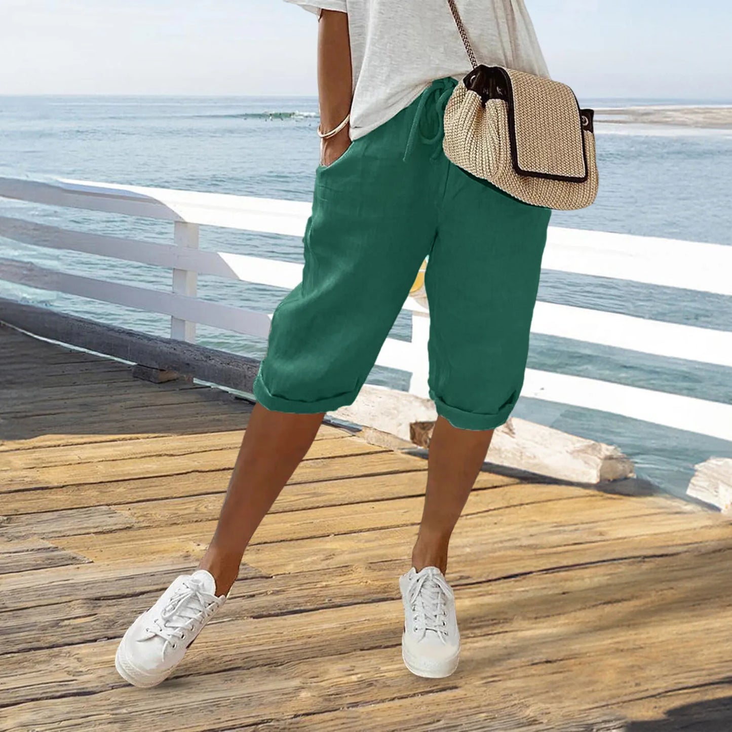 Spring Summer Women's Cotton Linen Trousers Pants Solid Elastic Waist Oversized Pants Women Straight White Homewear Trousers 3XL