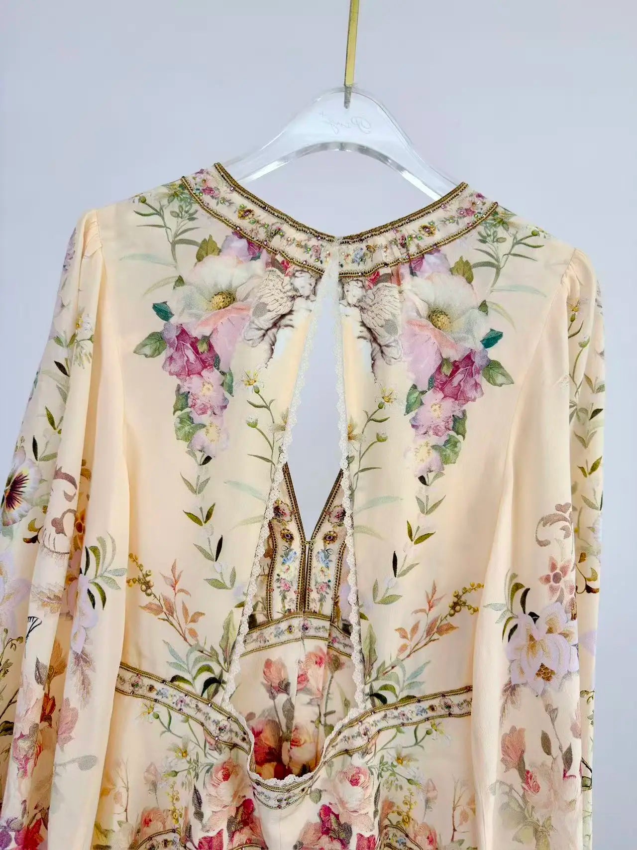 Women Silk Flower Printed Long Dress Heavy Beaded V-Neck Lantern Sleeve Loose Female dress