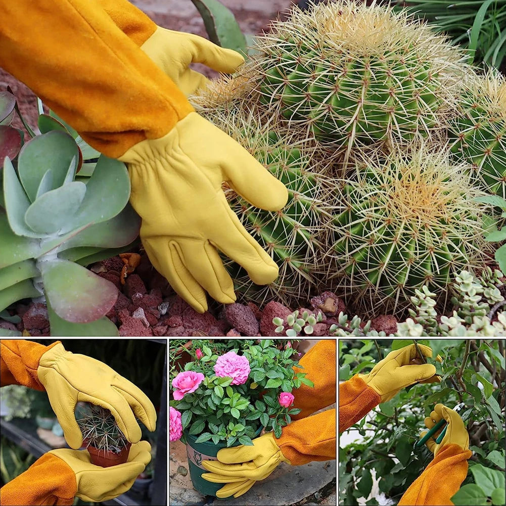 1 Pair Long Thorn Proof Gardening Gloves Breathable Leather Working Mitten with Forearm Protection Floral Gauntlet for Women Men