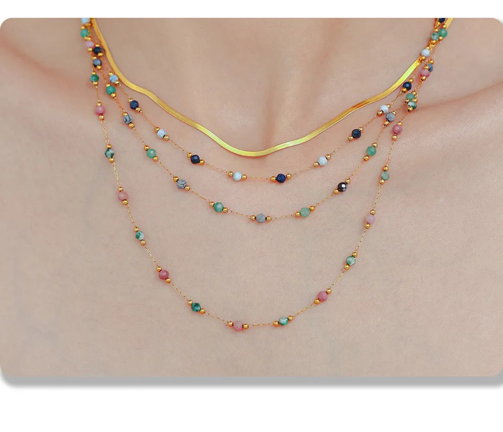 Women's Necklace Natural Stone Handmade Bead Double-layer Layered Collarbone Chain Stainless Steel Jewelry