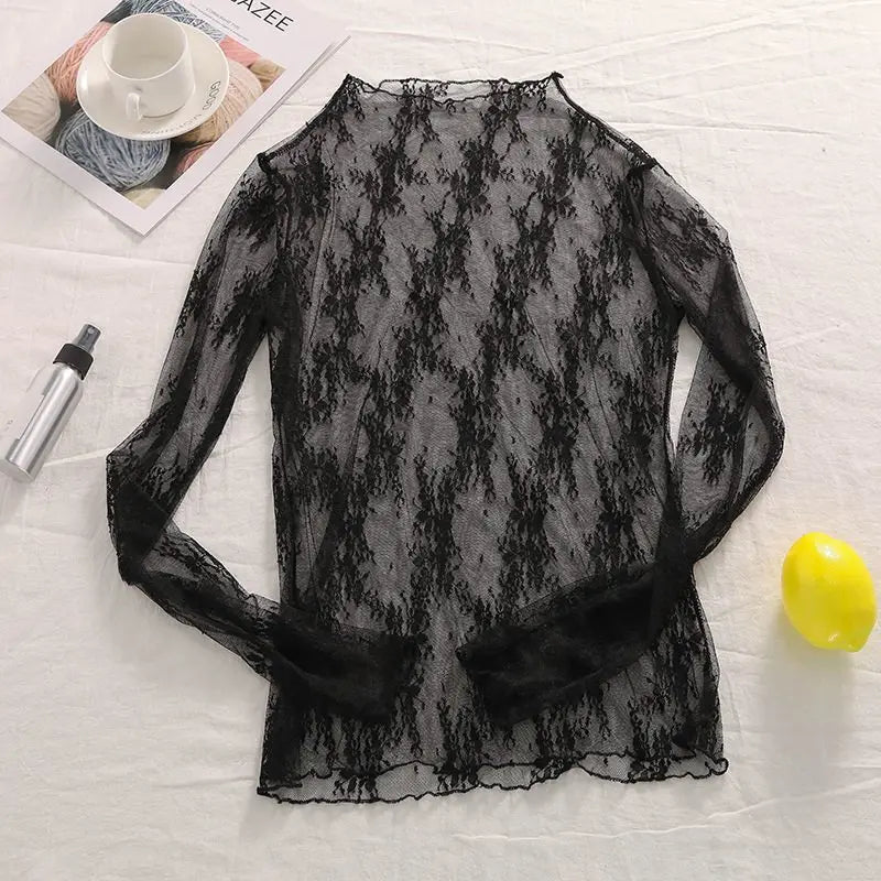 Summer Women Lace Floral Embroidery Blouses  Ladies Tops Sexy Mesh Blouses Transparent Elegant Long Sleeves See-through Shirt