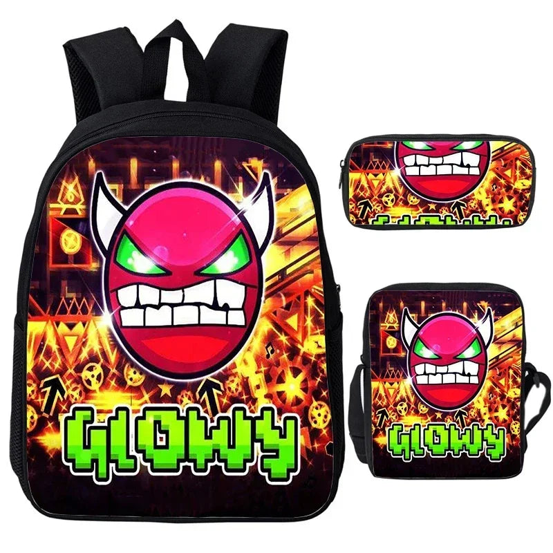 Large Capacity Bookbag 3pcs Set Boys Girls School Bags Angry Geometry Dash Cartoon Print Children Backpack Back To School Gifts