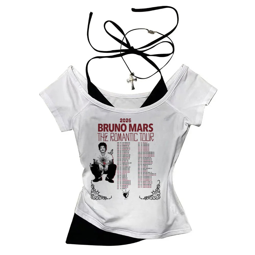 2026 Shirt  Bruno Mars The Romantic Tour Women Fake Two-piece O-Neck Short Sleeves Crop Tops T-shirt