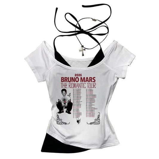 2026 Shirt  Bruno Mars The Romantic Tour Women Fake Two-piece O-Neck Short Sleeves Crop Tops T-shirt