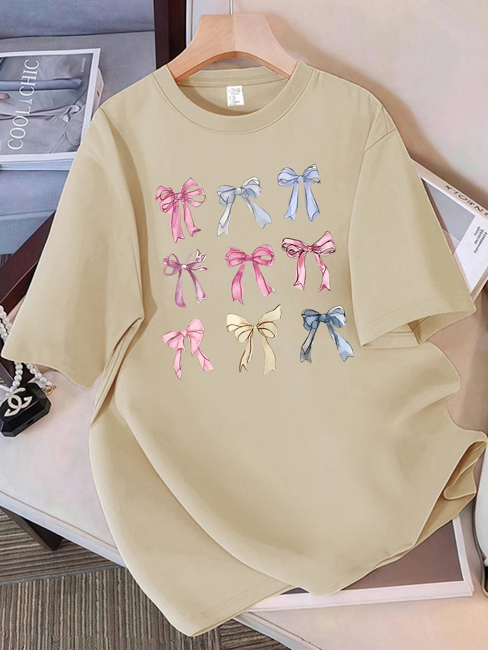 Summer T-Shirts Cotton Womens Colorful Bow Tie Printing Short Sleeve Comfortable Soft O-Neck Tops Holiday Casual Womans Clothes