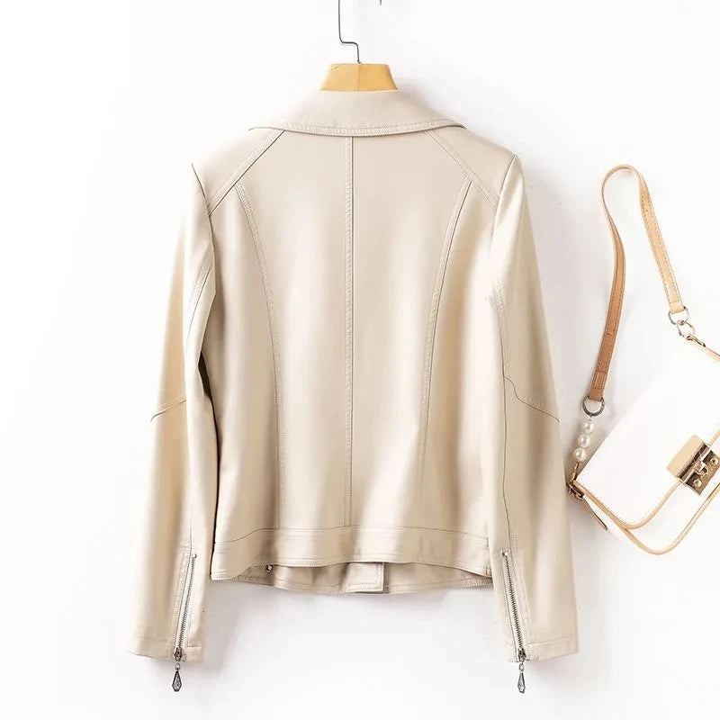 SpringAutumn 2025 New Sheep Leather Jacket Female Rivet Locomotive Slim Corium Leather Jacket Suit Collar Zipper Short Outwear