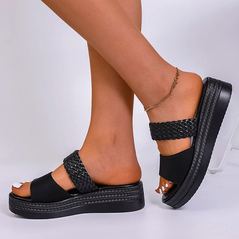 Women's Brown Woven Platform Sandals Non Slip Thick Sole Outdoor Slippers Woman Plus Size 43 Wedge Heels Summer Shoes Footwear