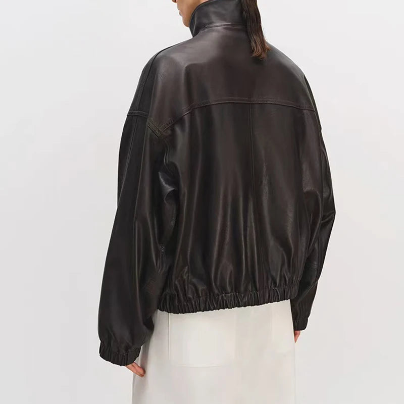 Imported Lightweight Leather Jacket for Women Modern Genuine Sheepskin Stand Up Collar Short Silhouette Coat Winter Tops Mujer