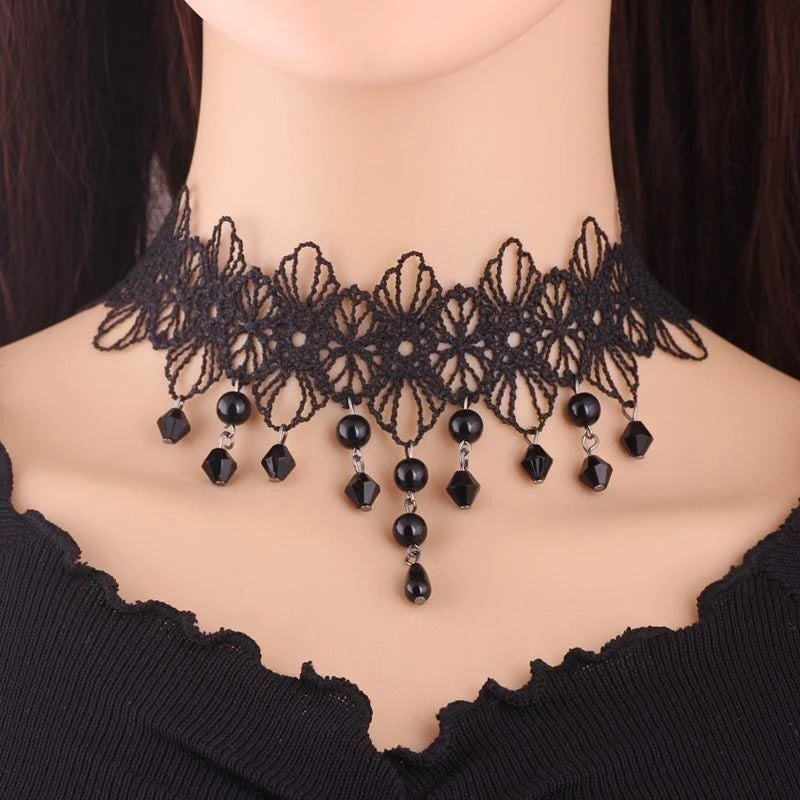 Sexy Lace Necklace Vintage Flowers Choker Pendant Female Jewelry Black Beading Bead Neck Ornament Hyperbole Neck Ornament