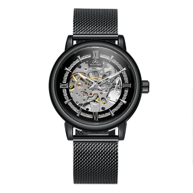 Men's automatic mechanical watch, European and American fashion hollow mechanical watch, woven mesh belt men's watch