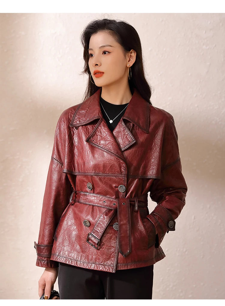 Roupas Femininas Autumn Women's Suit Collar Lace-up Waist Oil Wax Sheepskin Gabardina Mujer Vintage Red Wine Short Trench Coats