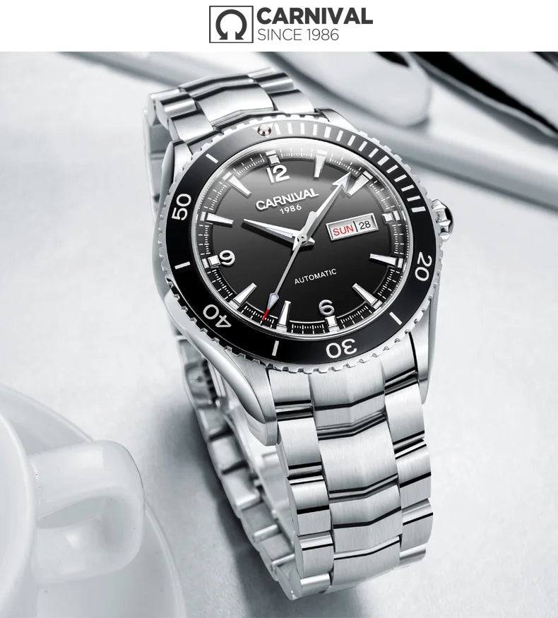 I&W Men Automatic Watch 41mm Mechanical Wristwatch 50M Waterproof Luminous Sapphire Mirror Dual Calendar Week Date