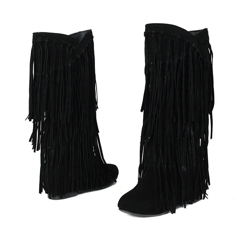 Boots 2025 autumn/winter women's boots casual fringe boots college style flat bottomed high top boots women's shoes