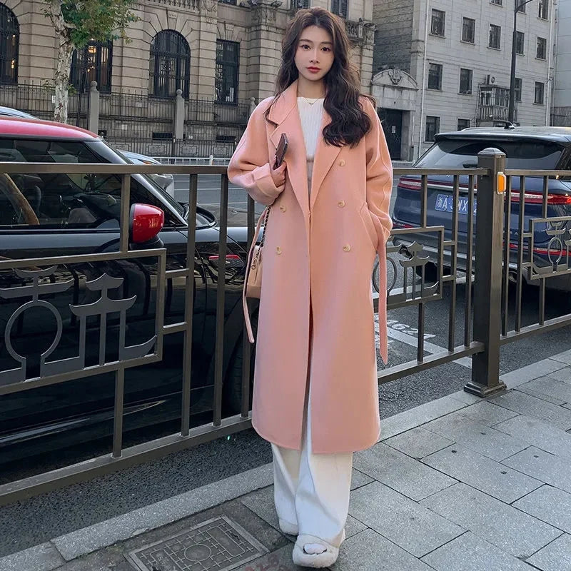 100% Wool Coat Women's Wear 2024 Autumn/Winter Fashion Temperament Double sided Cashmere Coats with Belt Elegant Long Overcoat