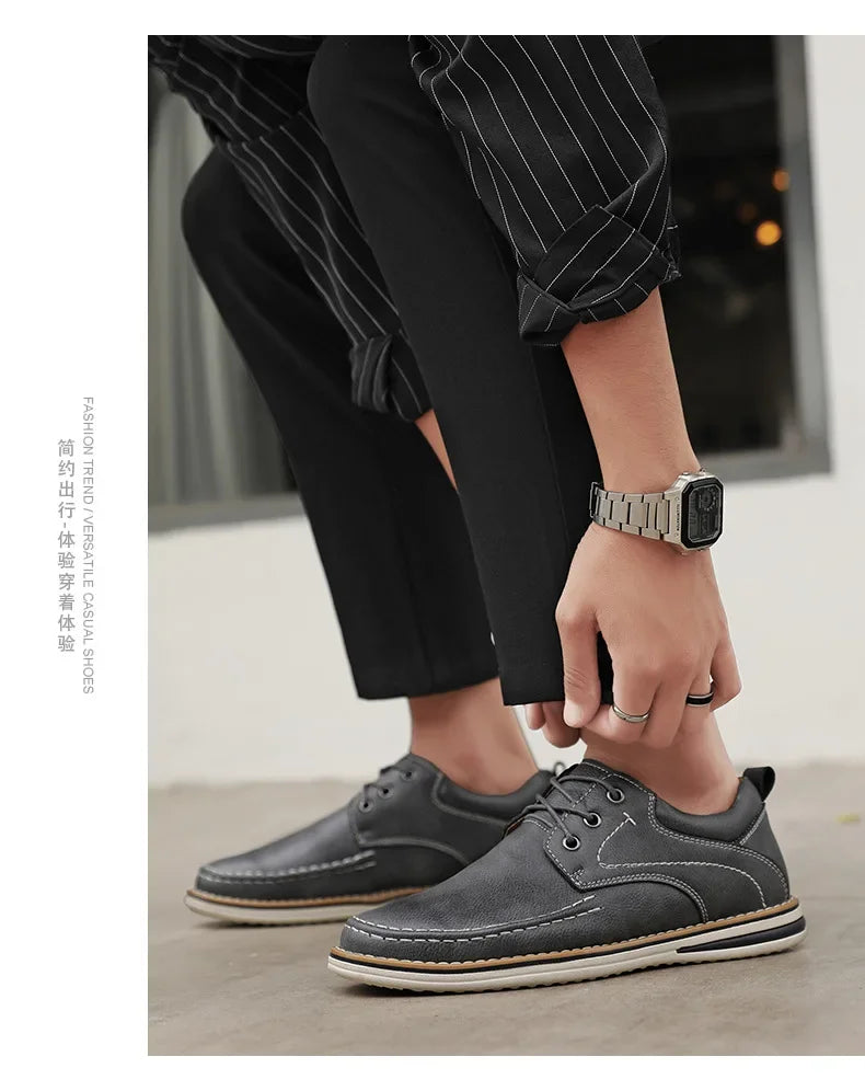 Men Genuine Leather Casual Shoes Fashion Business Leisure Shoes Lace-up Loafers